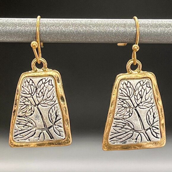 Etched Leaf Design Drop Earrings - Picture 3 of 6